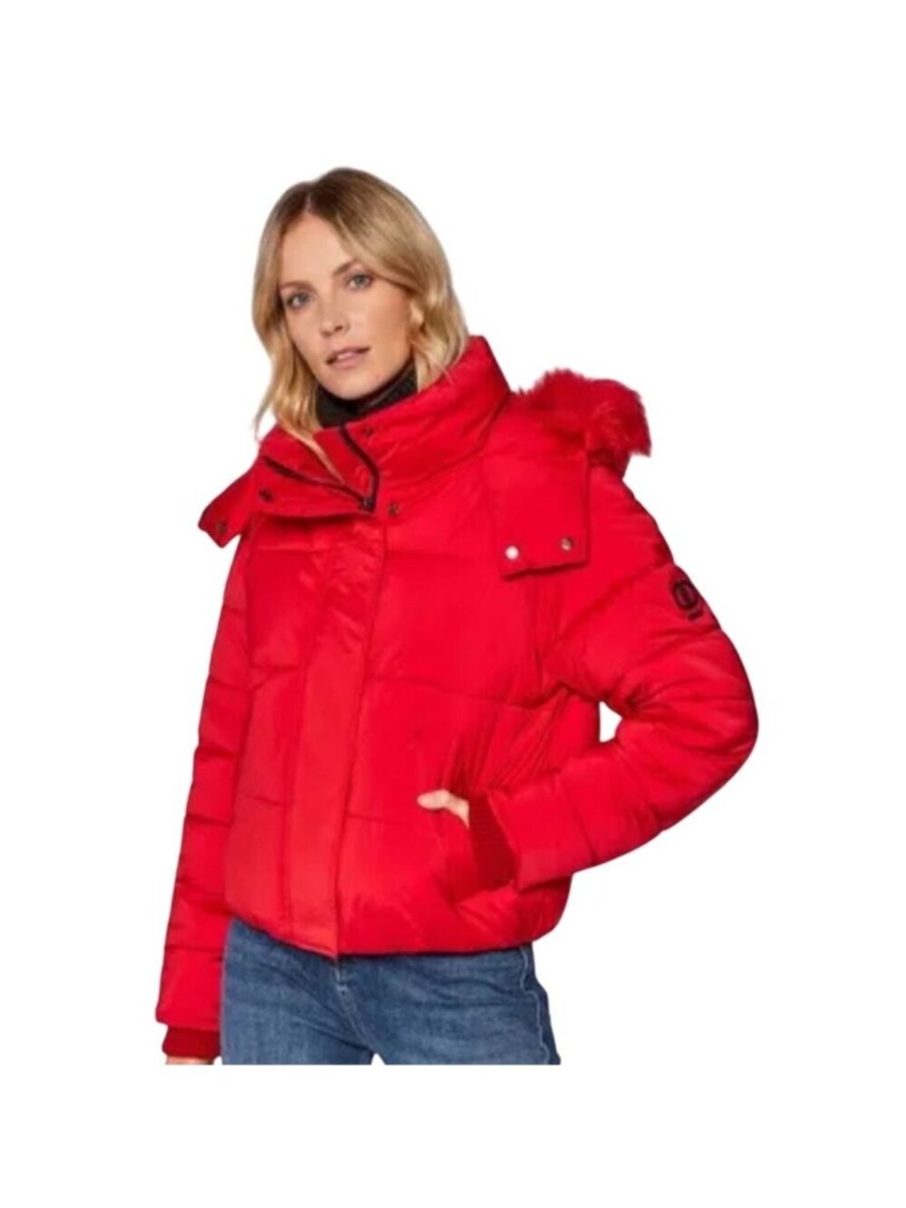 DKNY Red Puffer Jacket With Faux Fur Hood Trim Size XS colorful winter coat